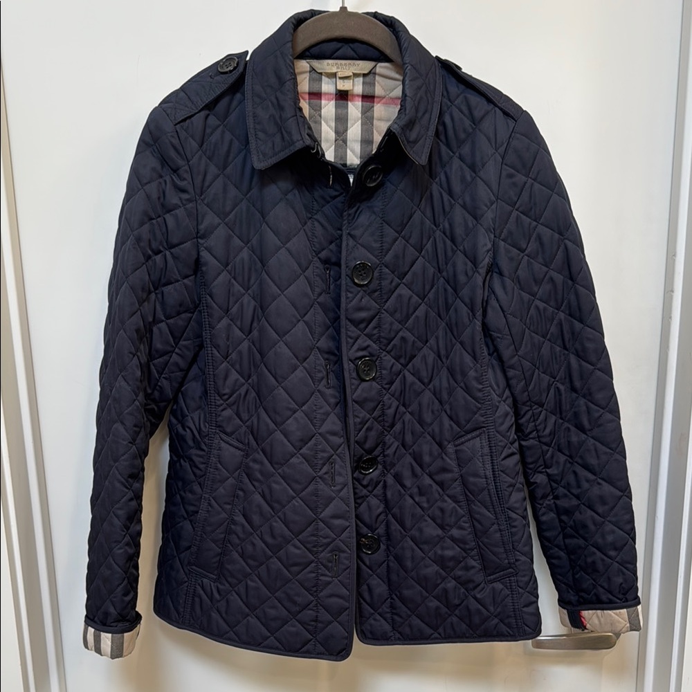 Quilted Navy Authentic Burberry Jacket with Signature Plaid Lining
